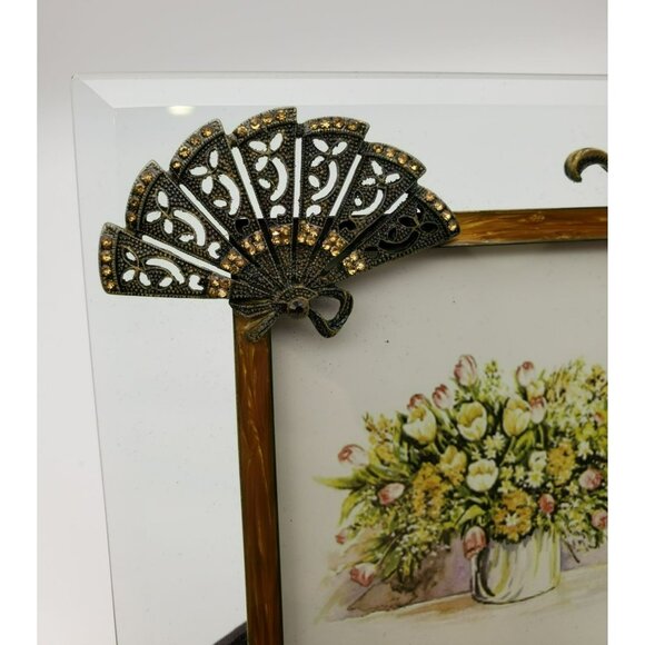 NWOT Glass Bronze Metal Fan Ornamental Scrolls Photo Frame w/Citrone Rhinestones - Picture 4 of 14